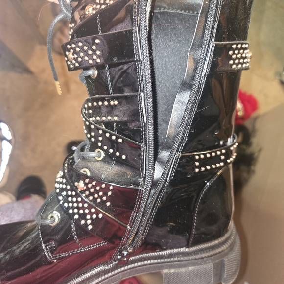 AKIRA Black Patent Studded Combat Boots - Picture 3 of 5